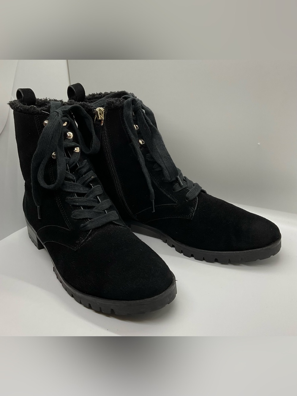 KATE SPADE NEW YORK Raegan Faux Shearling Combat Suede Black Boots  Size 6.5